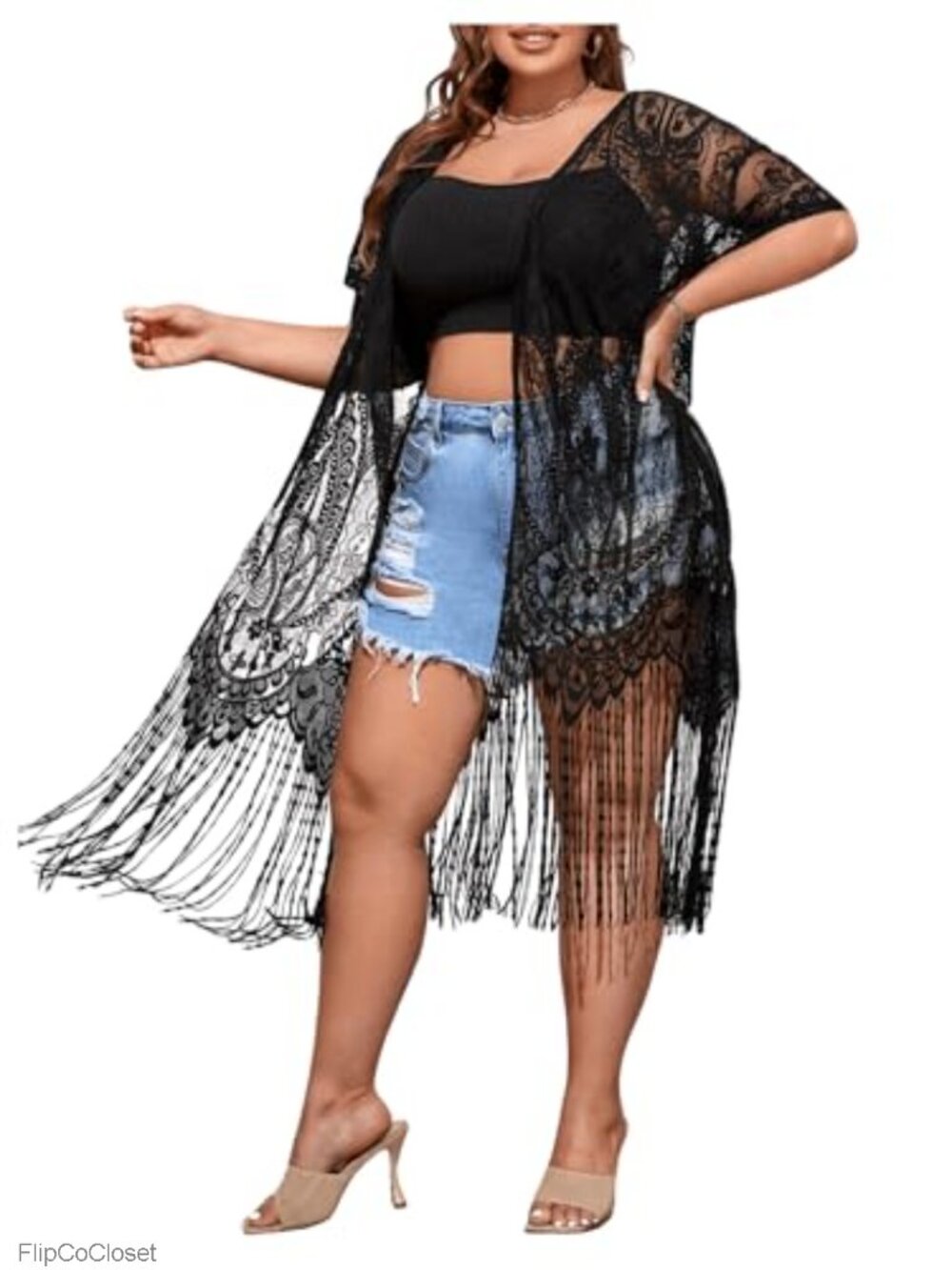 Plus Size Lace Fringe Trim Sheer Cover Up Kimono Cardigan Midi Short Sleeve